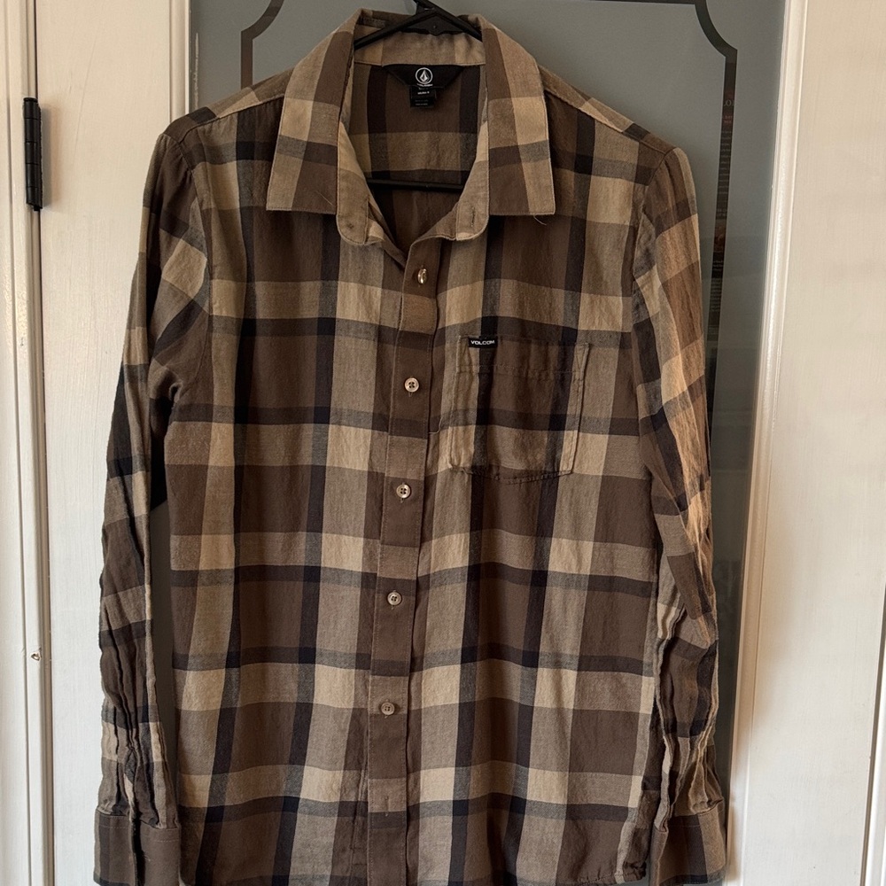 Volcom Tan and Brown Checkered Shirt P2P 19